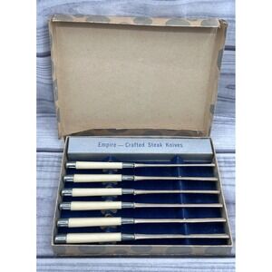 SET OF 6 VINTAGE EMPIRE STEAK KNIVES WITH CELLULOID HANDLES - IN ORIGINAL BOX